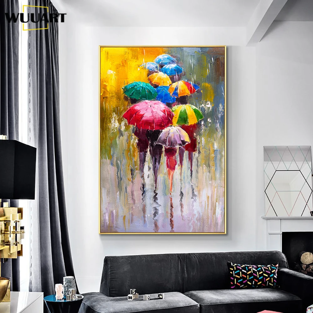 Hand Painted Colorful Umbrella Oil Painting On Canvas Abstract People In The Rain Painting Modern Wall Art for Living Room Decor