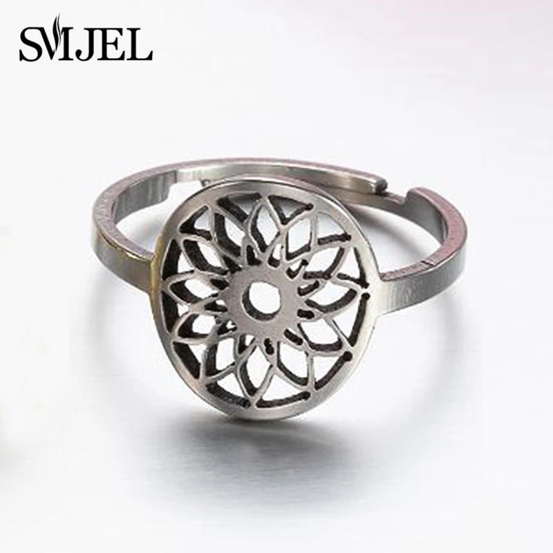 Stainless Steel Chakra Mandala Flower Rings For Women Boho Vintage Jewelry Ethnic Dreamcatcher Shape Ring Adjustable Gift Friend