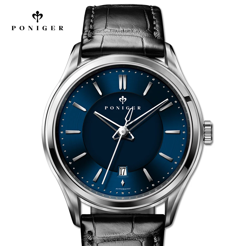 PONIGER الفاخرة ميوتا حركة الرجال التلقائي ساعة ميكانيكية جلد طبيعي الأعمال الياقوت الزجاج ساعة مقاومة للماء