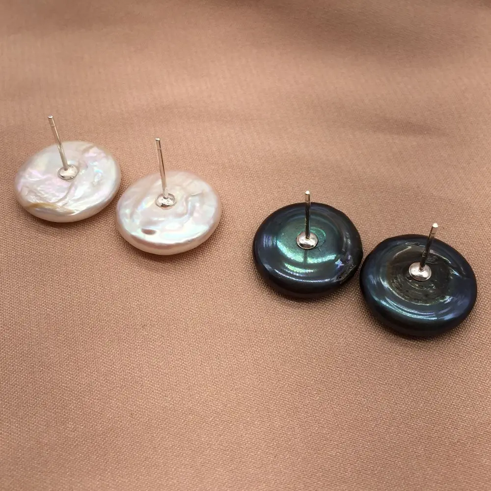 16mm 100% Natural Freshwater Pearls Stud Earrings White And Black Color Good Sheen Flat Round Buttons Coin Shape  FD51913274