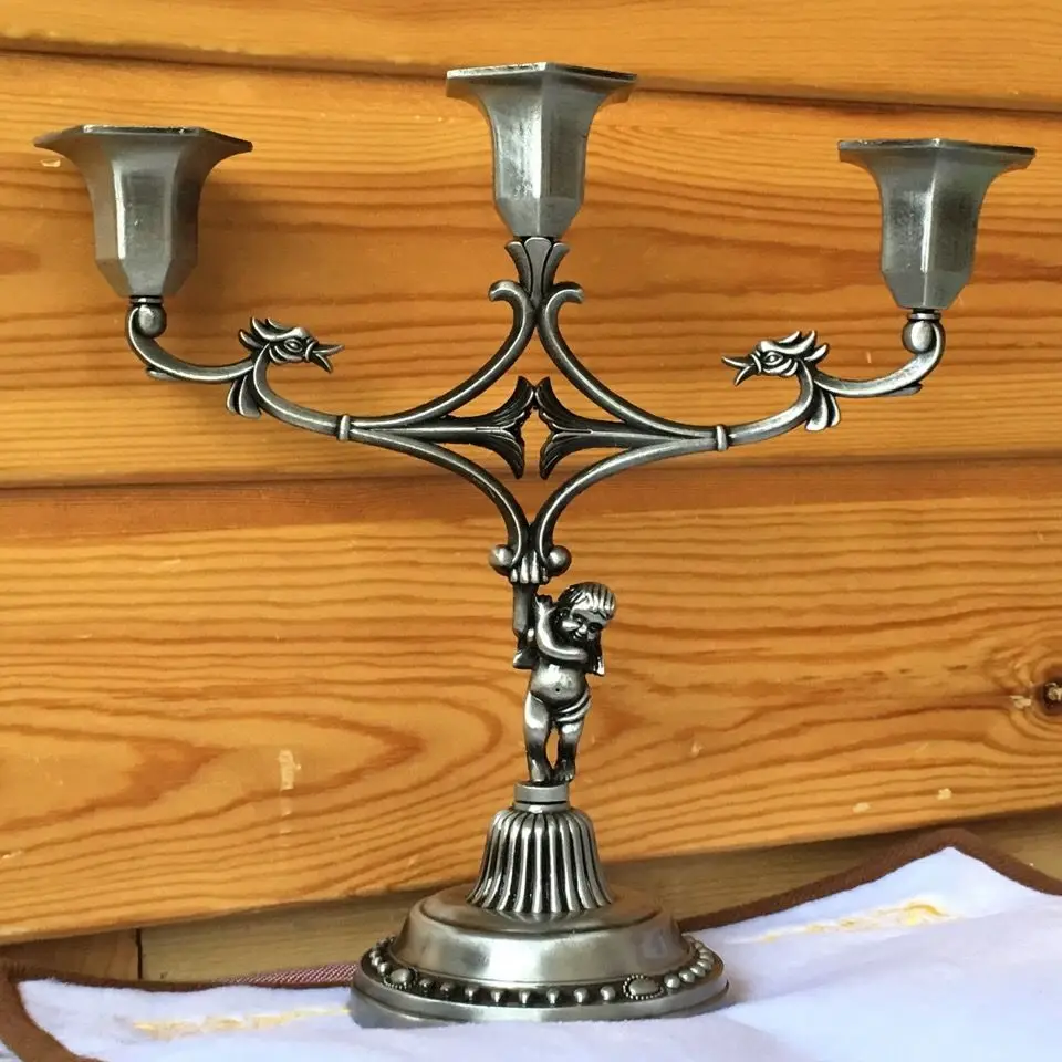 Retro Tn Alloy Metal Candlestick Set, Candle Holder, Relief Art, Church Decoration, 3Lights, ZT010