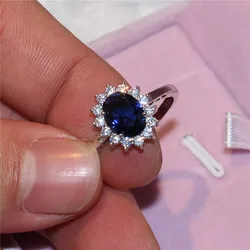 Princess Diana William Kate Middleton's 3ct Blue Sapphire Engagement rings finger Luxury 925 Sterling Silver Rings for Women