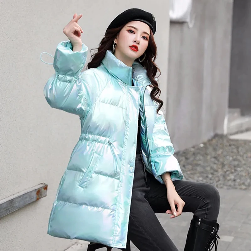 new Colorful bright face down padded jacket women 2021 new winter mid-length cotton-padded coat bread coat loose small jacket