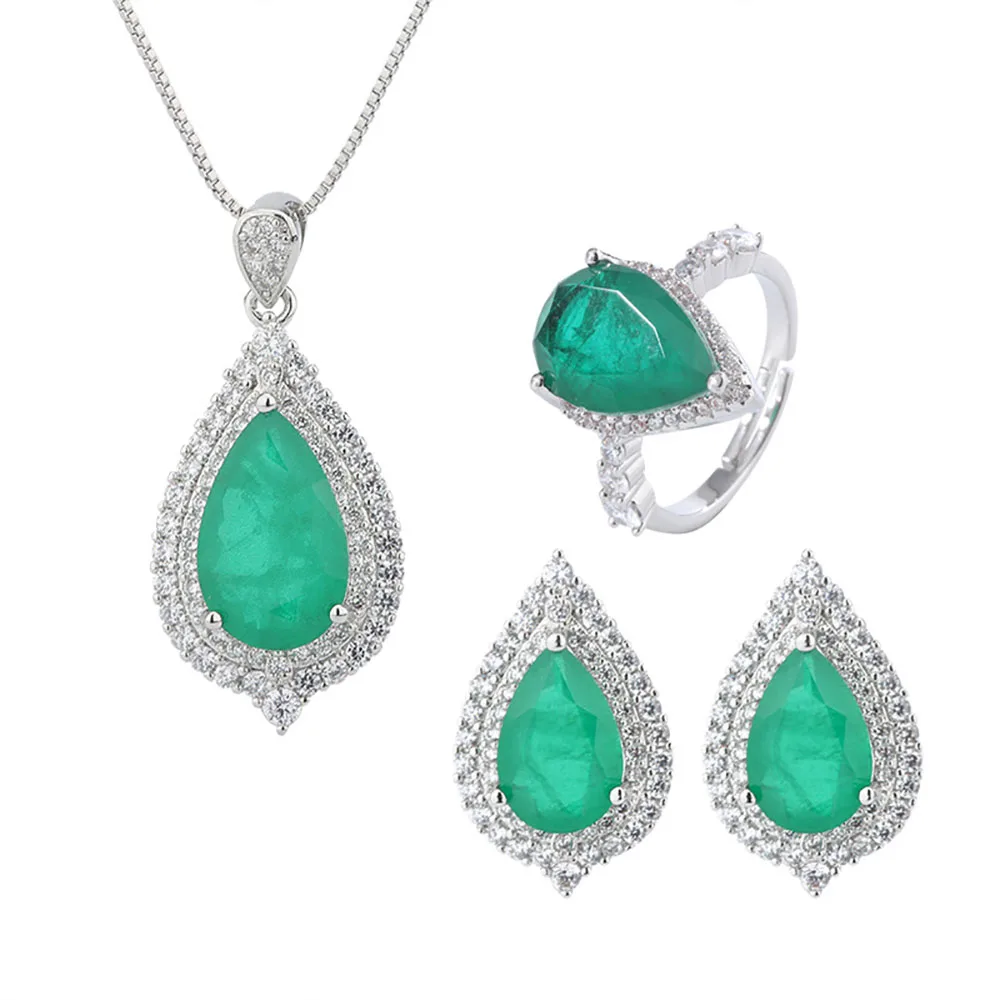 

Vintage Pear Emerald Gemstone Earrings/Necklace/Ring High Carbon Diamond Wedding Engagement Jewelry Sets Wholesale Accessories