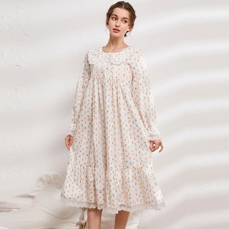 Pure Cotton Floral Night Dress Women White Long Sleeve Robe Peignoir Nightwear Princess Sleepwear Victorian Vintage Nightgowns