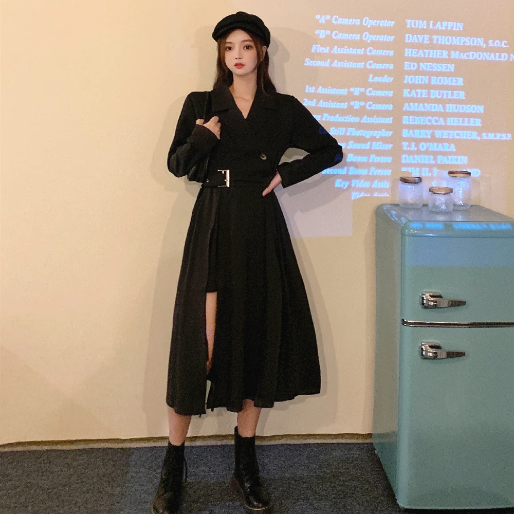 Spring Autumn Korean Fashion Long Sleeve Blazer Dress Women Sexy Notched Collar High Split Gothic Long Sashes Vestidos 2023