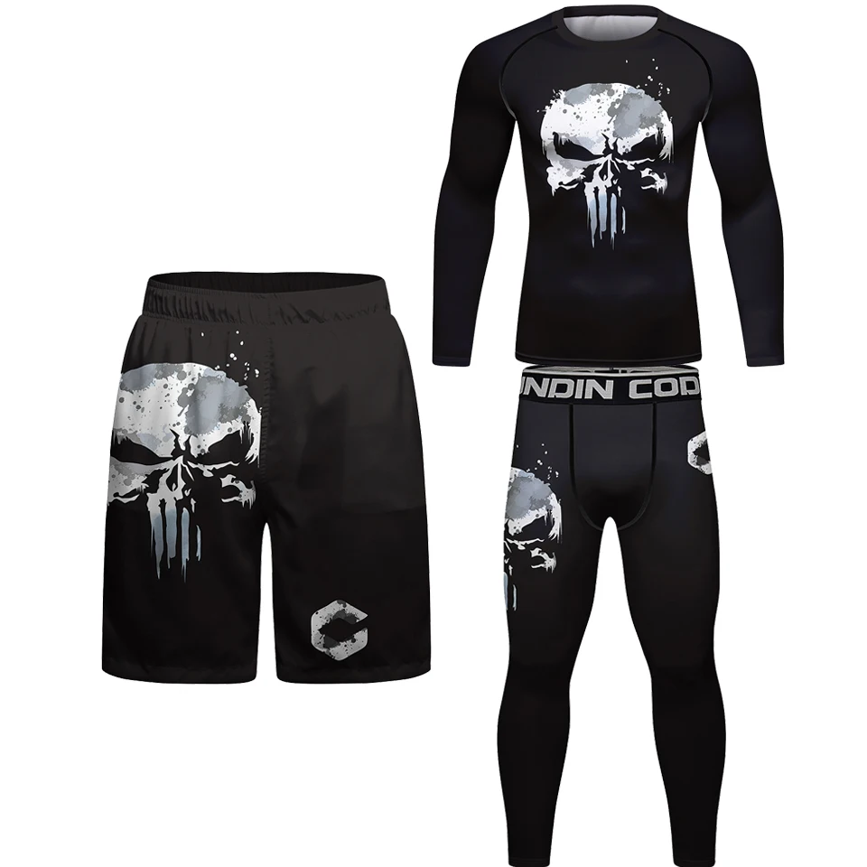 

Bjj Gi MMA T-shirt+Muay Thai Shorts 4Pcs/Set Skull Rash Guard Jiu Jitsu T shirts Kickboxing Sportsuit Rashguard MMA Clothing