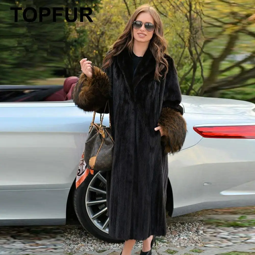 TOPFUR Winter Customized Long Coat Real Fur Coat Natural Mink Fur Coat With Hood Women Full Sleeves Real Fur Lapel Collar