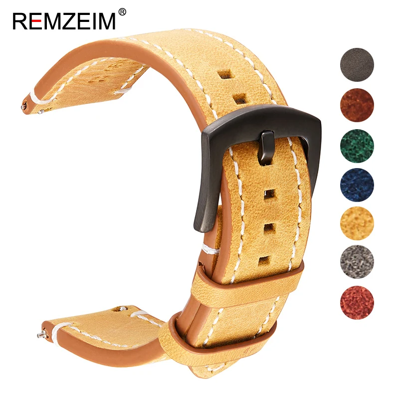 REMZEIM Crazy Horse Calfskin Leather Watch Band 18mm 20mm 22mm 24mm Straps Watchbands Dark Brown Gray Black Blue Green Belt