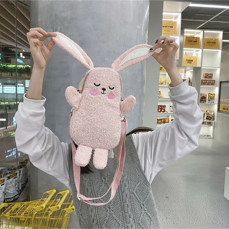 Plush Crossbody Bag Female 2022 New Long Ear Bunny Doll Messenger Bags Girls Soft Lambwool Shoulder Bag Cute Phone Purse Bags