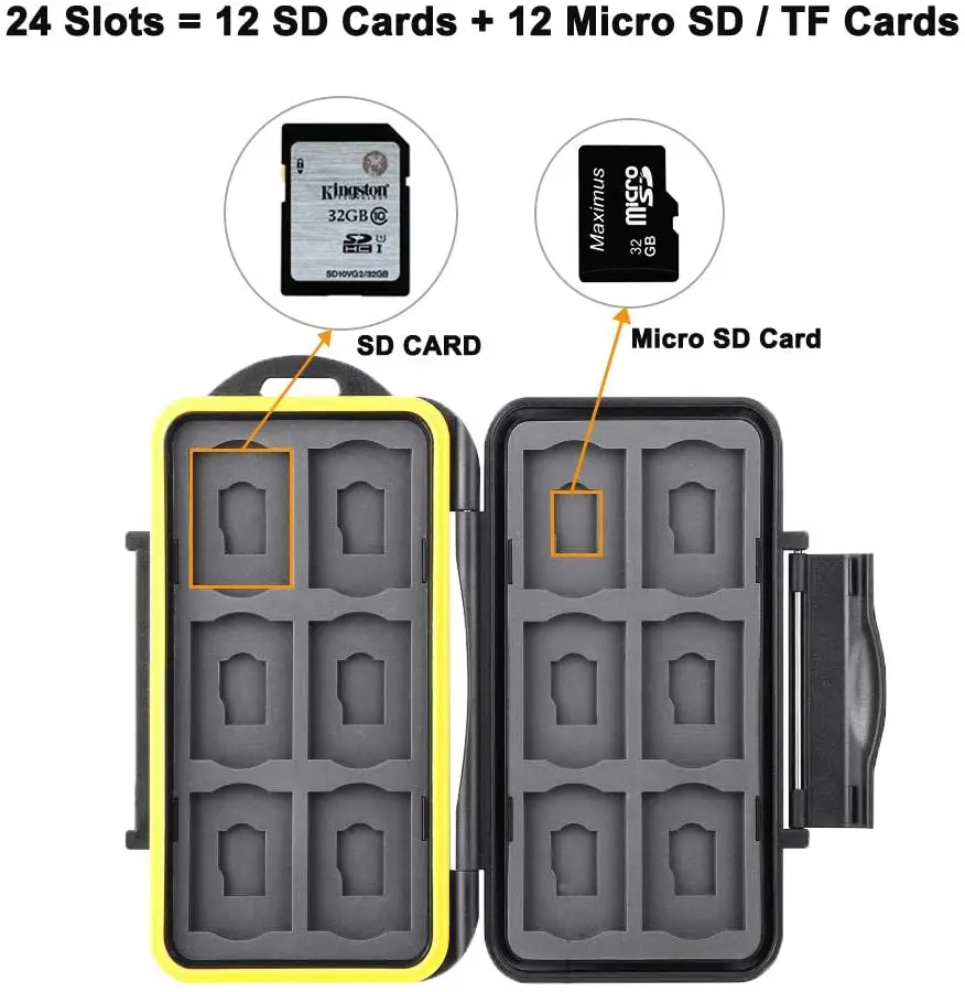 SD Card Waterproof 24 Slots Memory Holder Case Storage Box for 12 SD Cards and 12 TF/Micro SD Cards