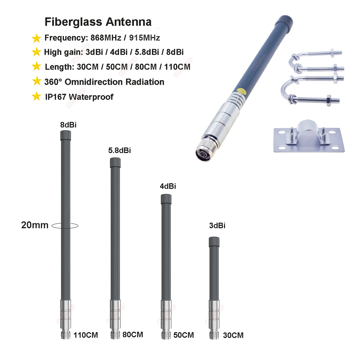 Helium Hotspot Miner Antenna LoRa 868MHz/915MHz N Male Plug Omnidirection Outdoor Fiberglass Antenna Waterproof IP67