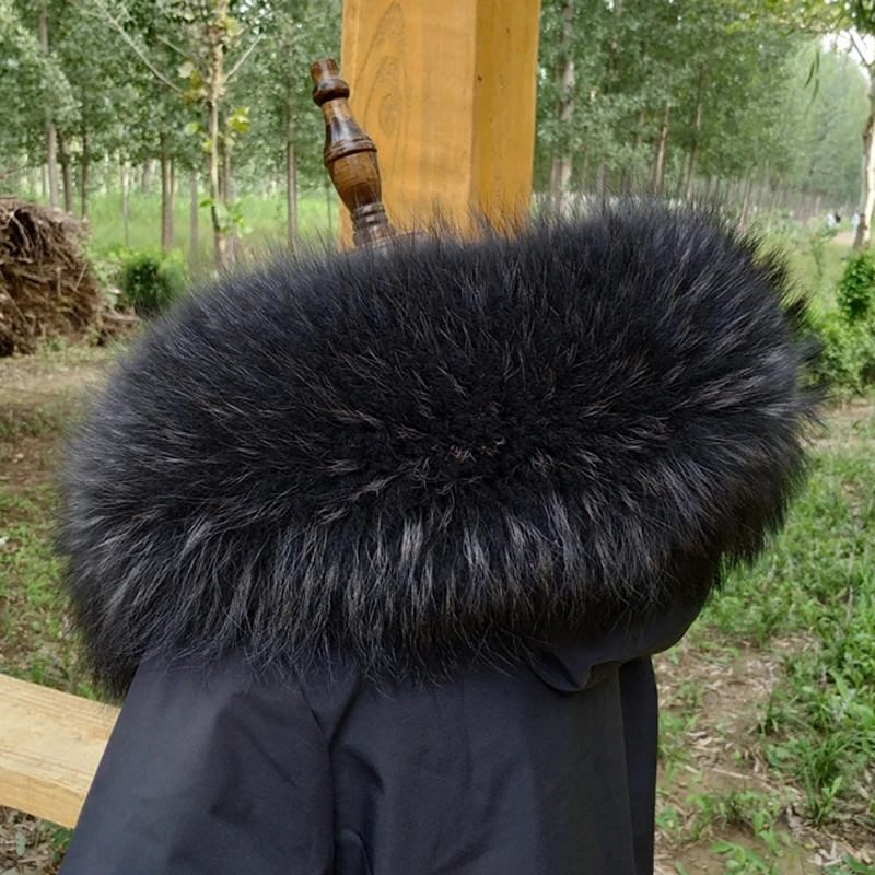 Winter 100% Real Natural Raccoon Fur Scarf Women Luxury Coat Trim Hood Warm Scarves Fashion Shawl Large Size Straight Collar