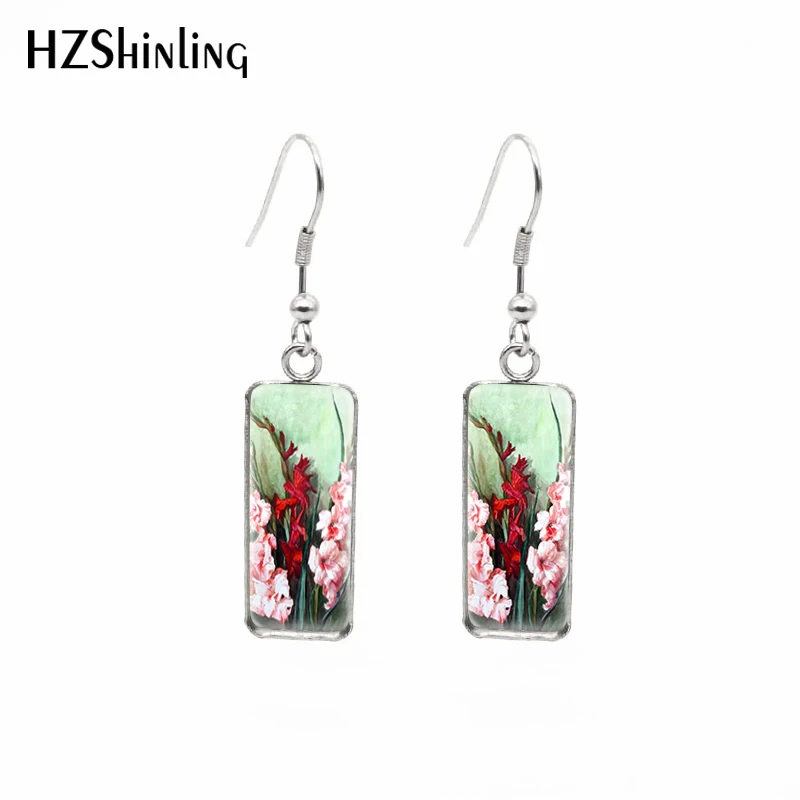 2021 New Gladiolus Flower Rectangular Earring Painting of Plants Fish Hook Earrings Glass Cabochon Handmade Jewelry