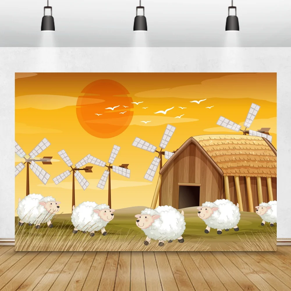 Cartoon Rural Farm Filed Windmill Baby Shower Birthday Photo Background Sheep Wood House Customized Poster Photography Backdrop