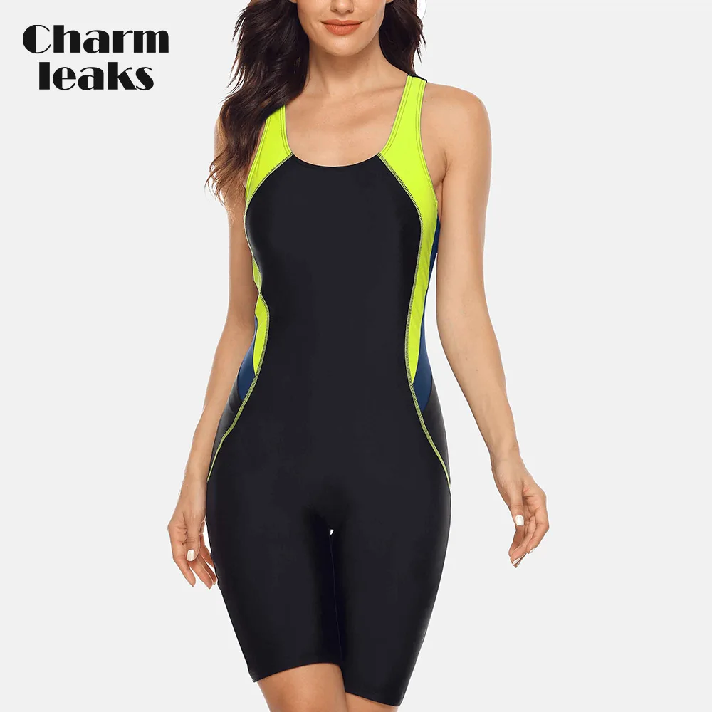 Charmleaks Women‘s One Piece Pro Sports Swimwear Athlete Sports Swimsuit Boyleg Beach Wear Colorblock Racerback Bathing Suits