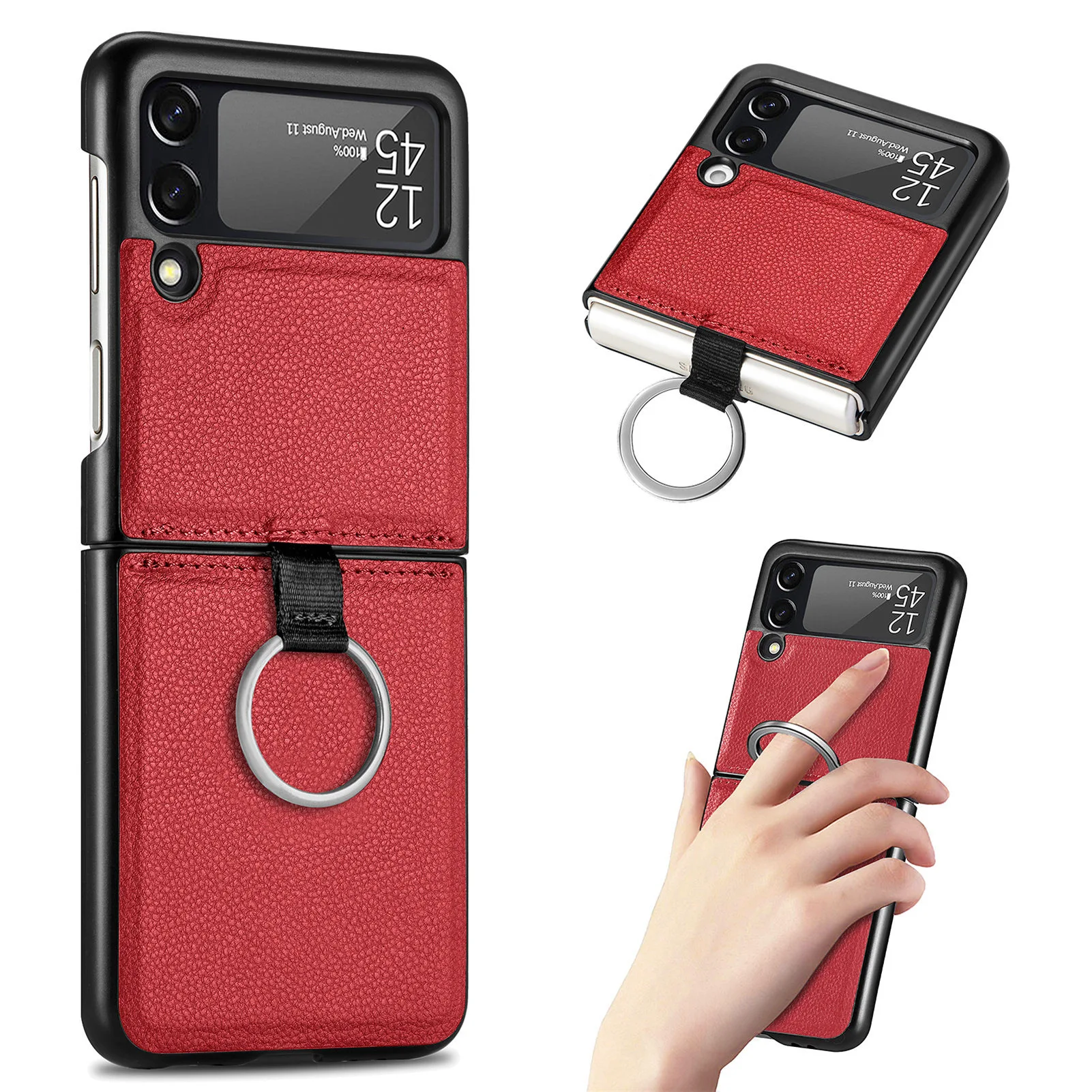 

100pcs/Lot Ring Holder Litchi Lychee Case For Samsung Z Flip 4 3 5G Cover Anti-knock Luxury Leather PU+PC Cases