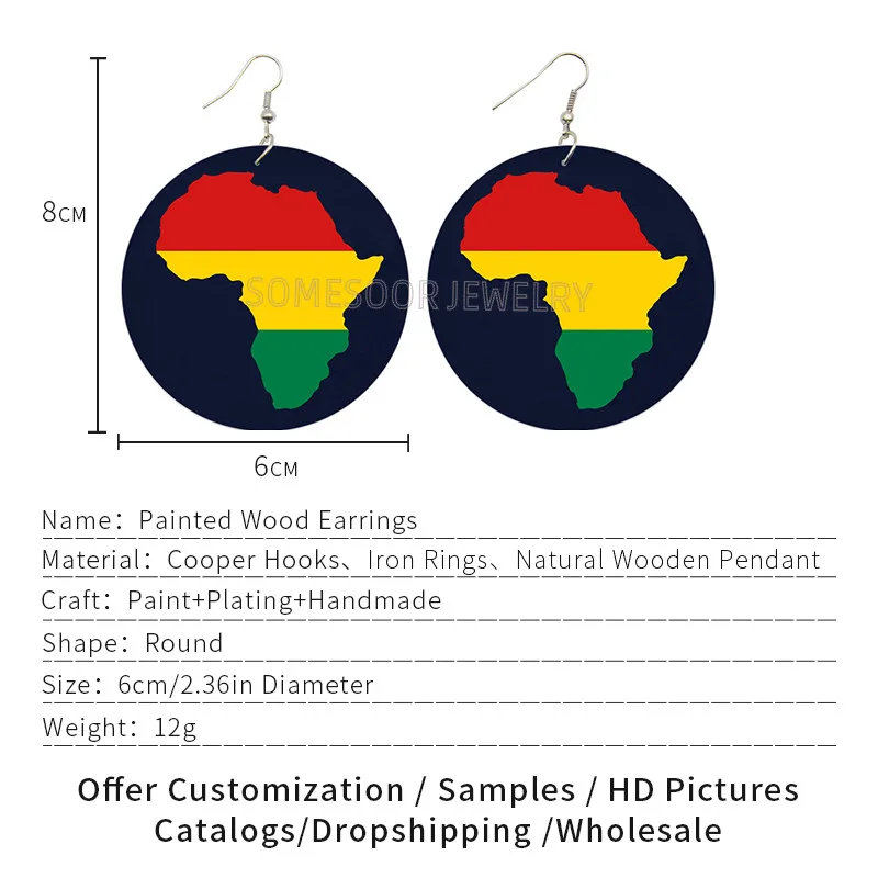 SOMESOOR United Africa Colors Map Wooden Drop Earrings Afrocentric Ethnic King Lion Power Fist Black Art Printed For Women Gifts