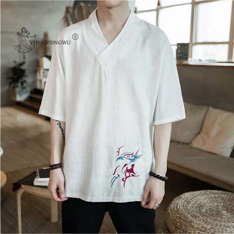 

Men T-shirt Kimono Japanese Short Half-Sleeve Shirt Embroidery Japan Harajuku Trousers Asian Menswear Yukata Cardigan Costumes