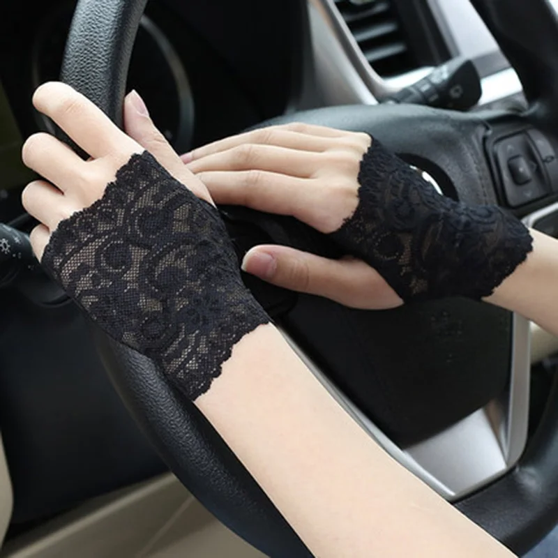 Guantes de medio dedo con manga de encaje para mujer, manoplas elásticas finas y cortas con protección solar, para conducir, para verano, M60