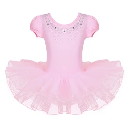 Gymnastics Leotard Girls Ballerna Tutu Dress Kids Mesh Dancewear Short Bubble Sleeves Sparkly Rhinestones Ballet Dance Dress