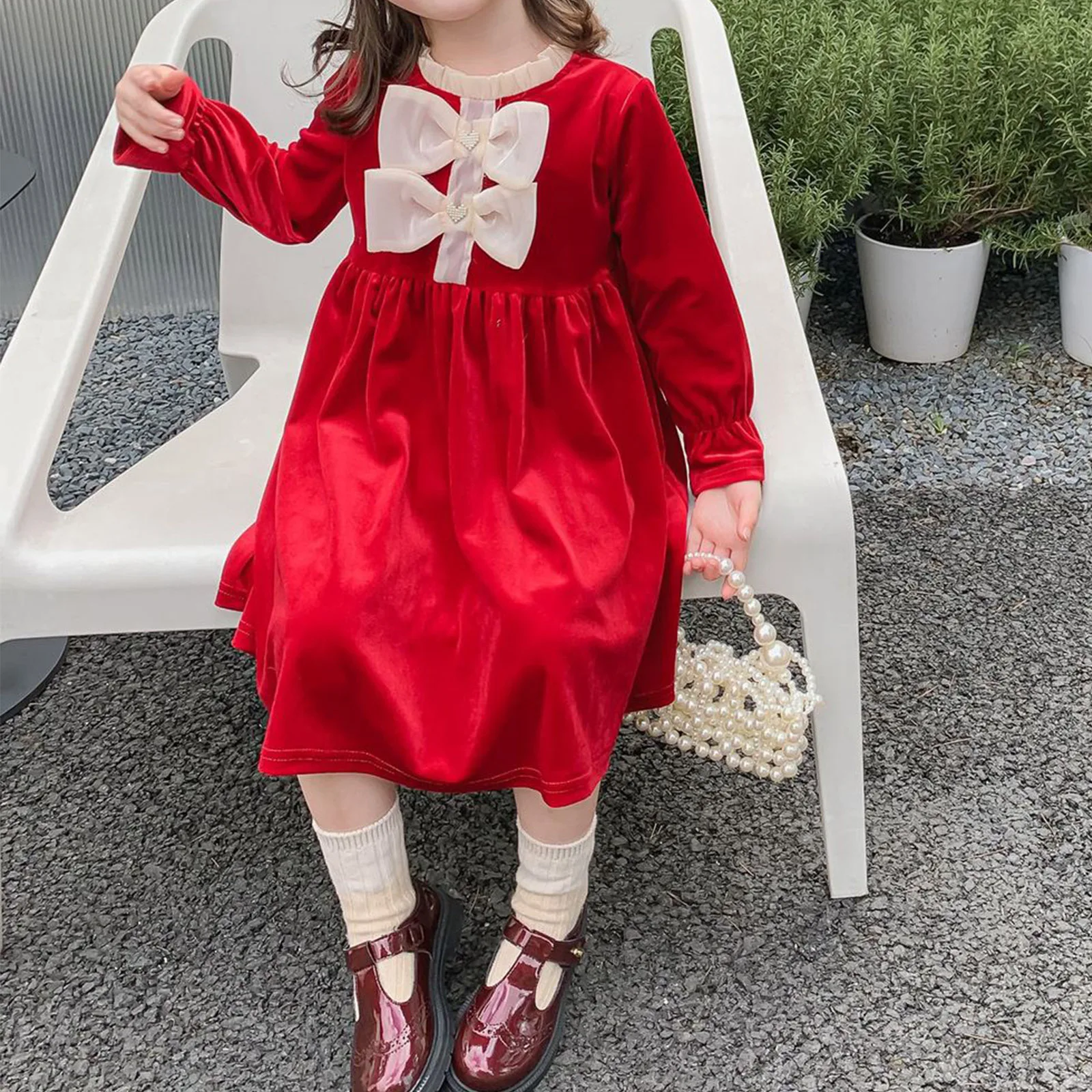 

Autumn Kids Girls Dress Long-Sleeved Bowknot Velvet Party Christmas Princess Dresses Wedding Birthday Party Performance Dress