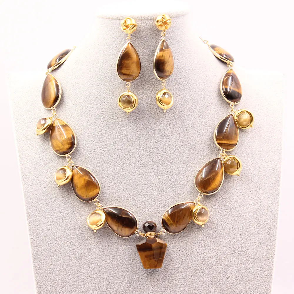 GuaiGuai Jewelry Natural Tiger eye Gold Color Plated Cat eye Pendant Necklace Earrings Sets Handmade For Lady