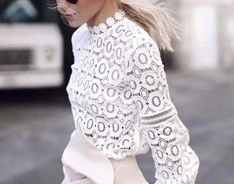 2022 Spring Summer Women Temperament Chiffon Pure Openwork Lace Top Lantern Sleeve Fashion Shirt Bottom