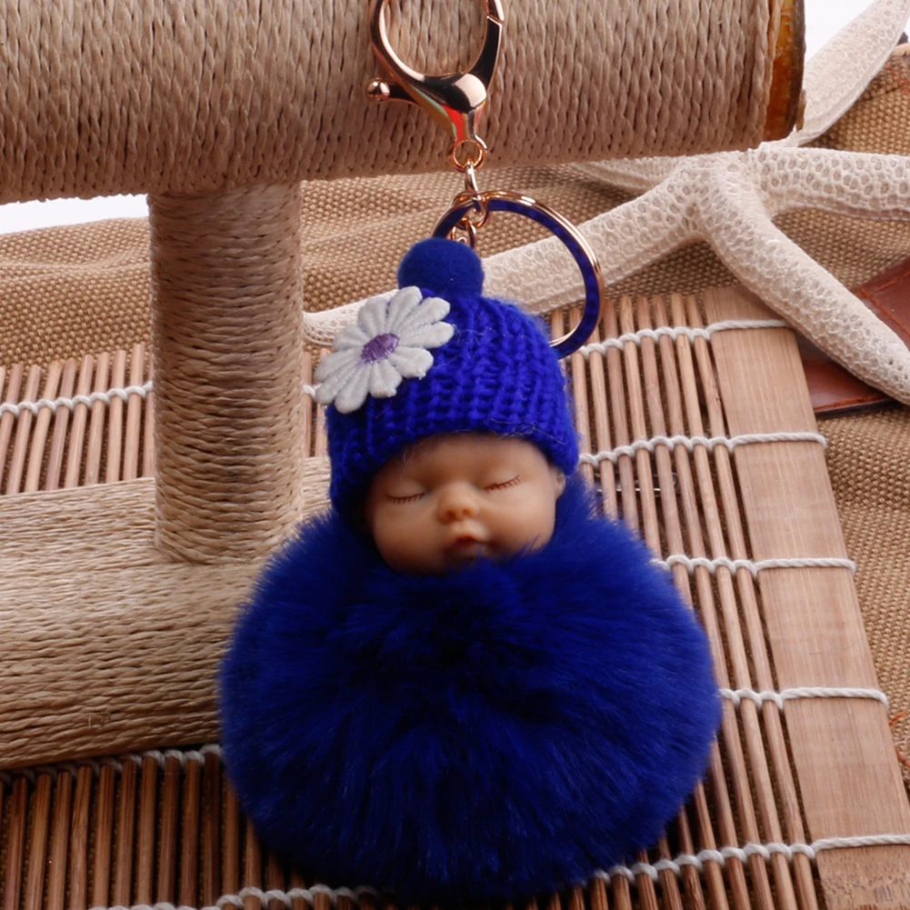 Sleeping Baby Fluffy Pompom Plush Doll Hanging Pendant Key Ring Keychain Birthday Gift Wind Chimes Hanging Ornament Decorations