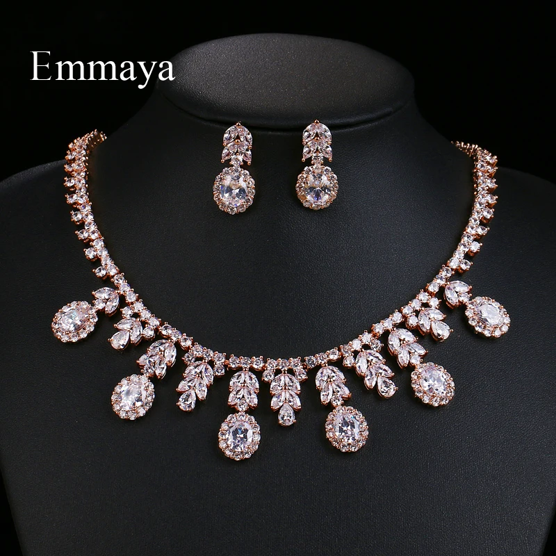 Emmaya New jewelry Design Luxury Style Leaf Round Stone For Women Lovely AAA Zircon Necklace Earring Banquet Gifts For Friends