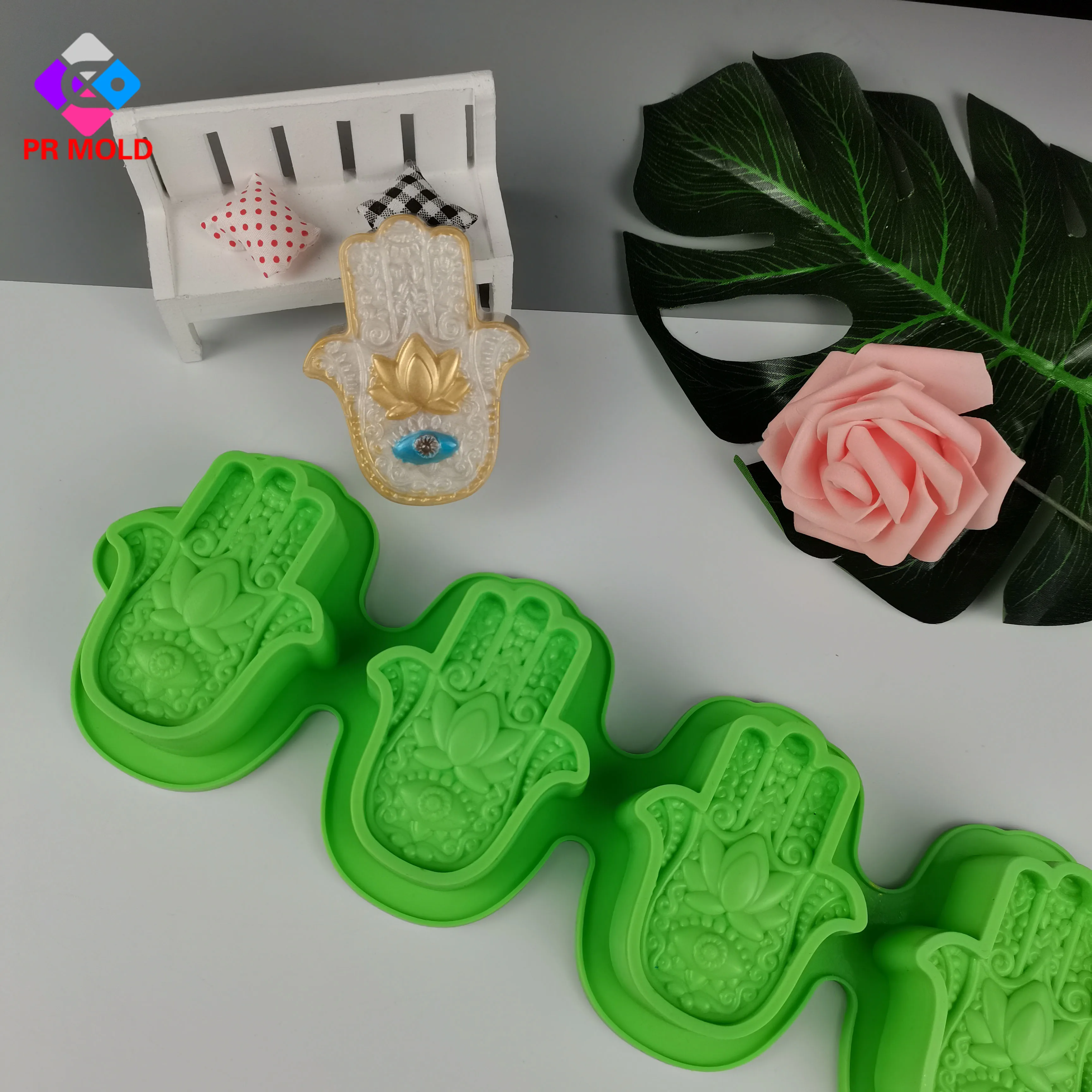 PRZY 4 Cavities HAMSA Lotus In The Palm Silicone Soap Mold Khamsah DIY Mold Silicone For Soap Making Hand Of Fatima Mascot Mold