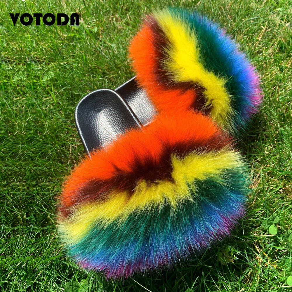 Summer Furry Shoes Women Fur Slippers Fluffy Raccoon Fur Sandals Fox Hair Slides Flat Rainbow Flip Flop Fuzzy Shoes Woman Slider