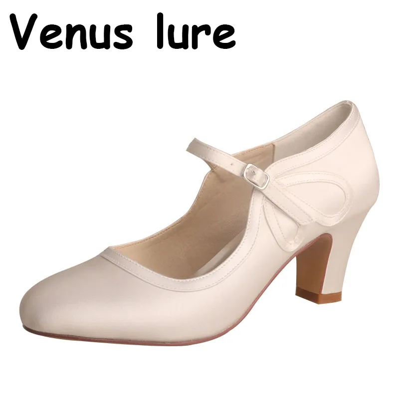 7.3CM Block Heel Wedding Heels for Bride Shoes Mary Janes Ivory Satin