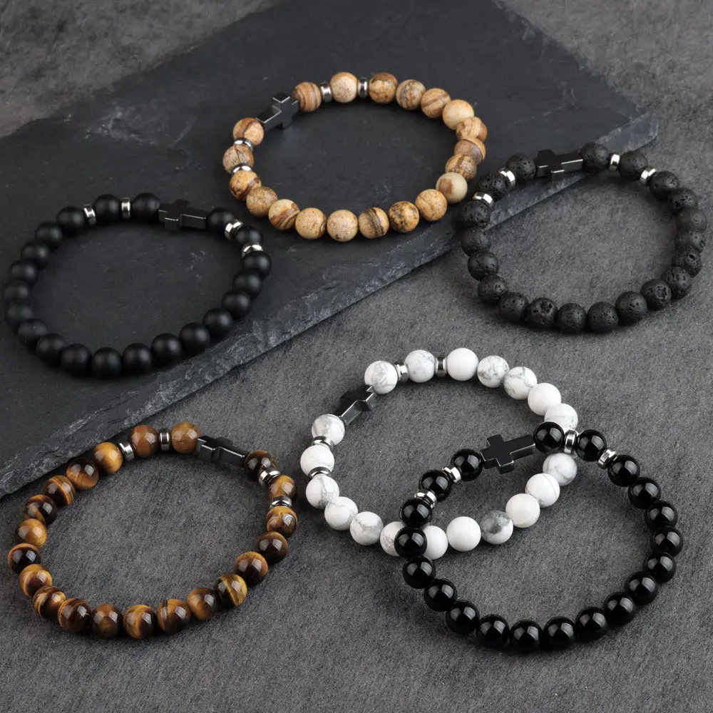 Natural Stone Bracelets Hematite Cross Pendent 8mm Tiger Eye Black Onyx Lava Howlite Bead Elastic Rope Bracelet For Men Gift