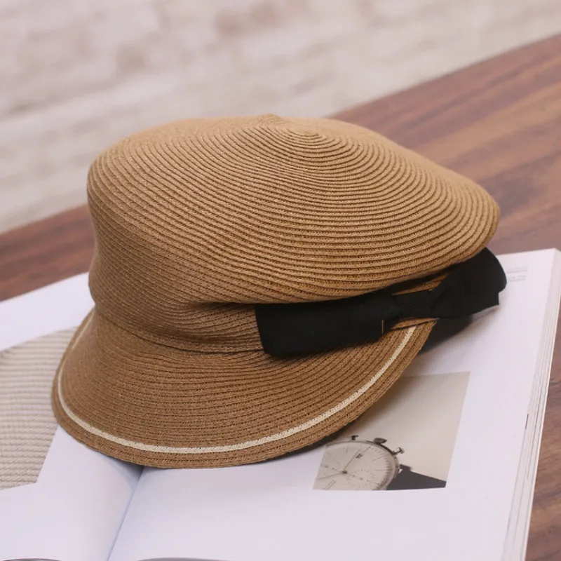 

H7602 Japanese Retro Visor Straw Hat Women Casual Sunscreen Sunshade Cap Spring Summer Breathable Newspaper Bowknot Fashion Hats