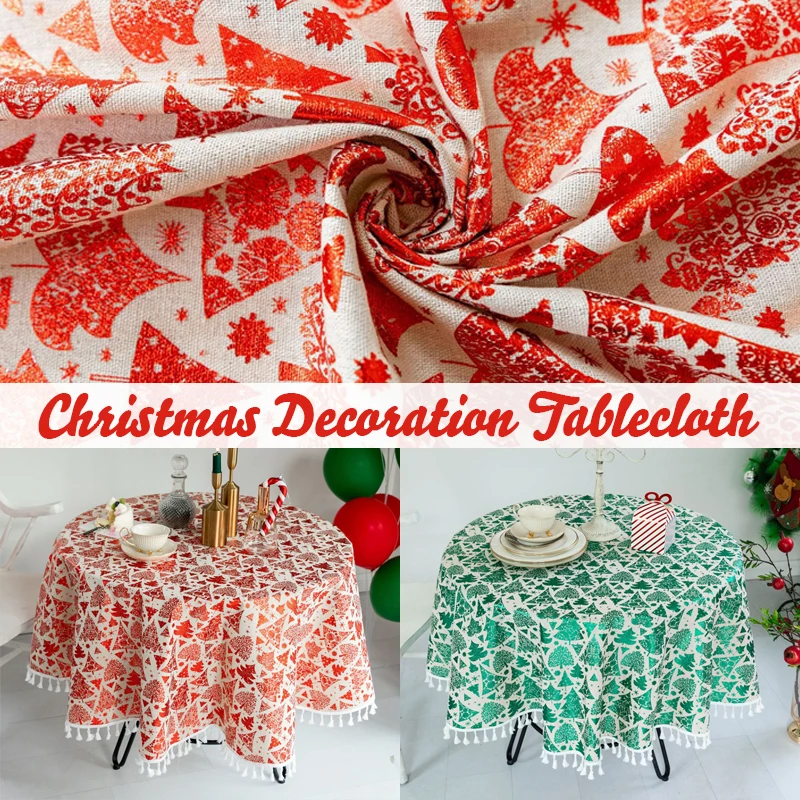 

Christmas Cotton Linen Round Tablecloth Red/Green Print Fringed lace Table Cover Tea Table Cloth Home Decoration for Xmas Party