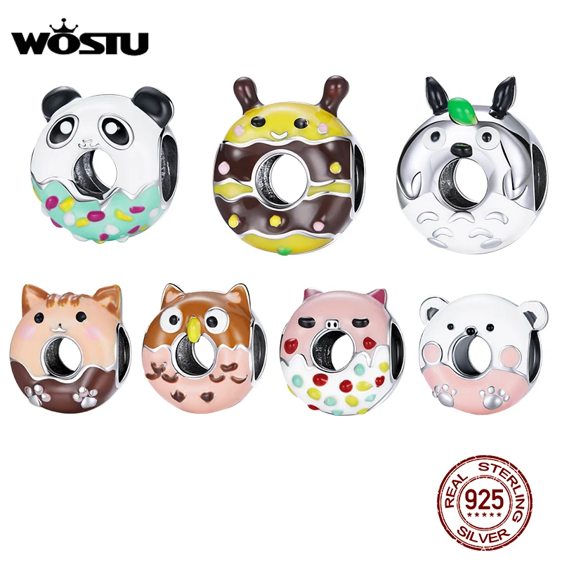 WOSTU 925 Silver Cartoon Bee Charm Animals Panda Owl Bear Enamel Beads Pendant Fit Original Bracelet Necklace DIY Jewelry