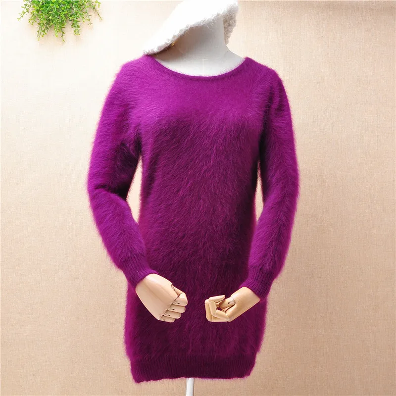 

ladies women winter clothing hairy angora rabbit fur knitted long sleeve slim pullover mink cashmere winter jumper sweater dress