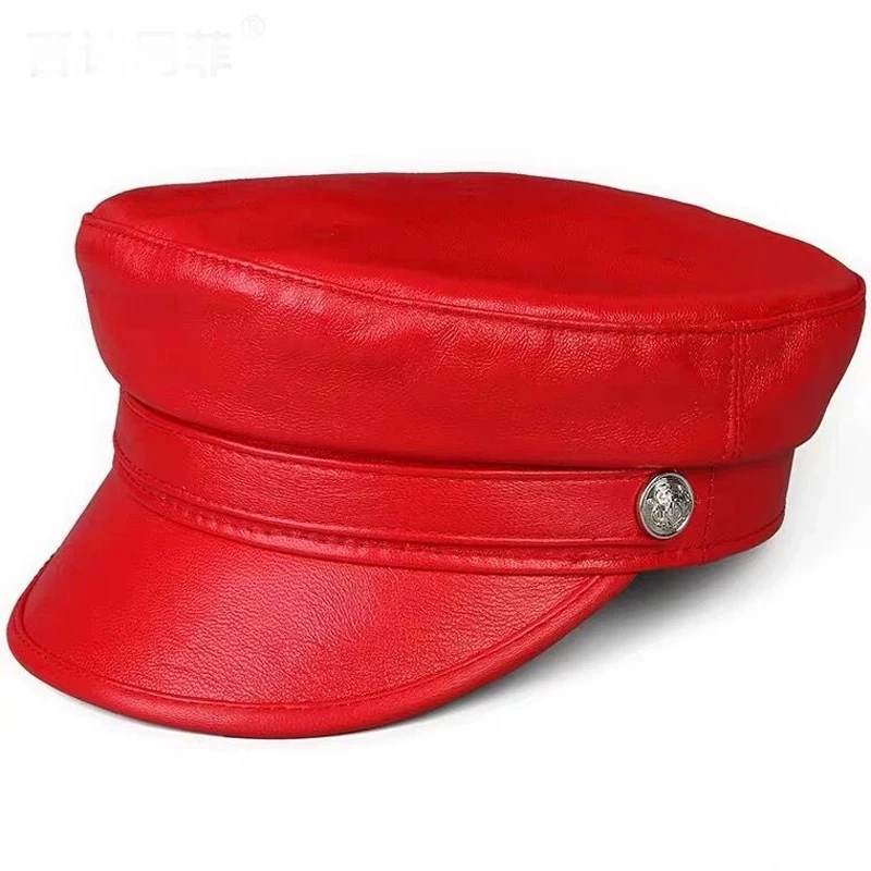 

2022 Spring Real Leather Military Cap Army Cap Sailor Hats For Women Men Flat Top Travel Cadet Hat Captain Military Cowhide Hat