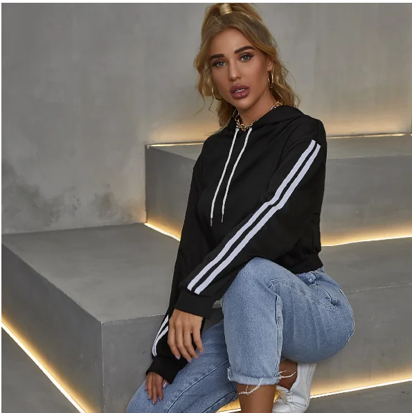 Women Cropped Hoodie Autumn Patchwork Top black Long Sleeve Hooded Pollover Fall Women Short Sweatshirt Tops Poleron Mujer