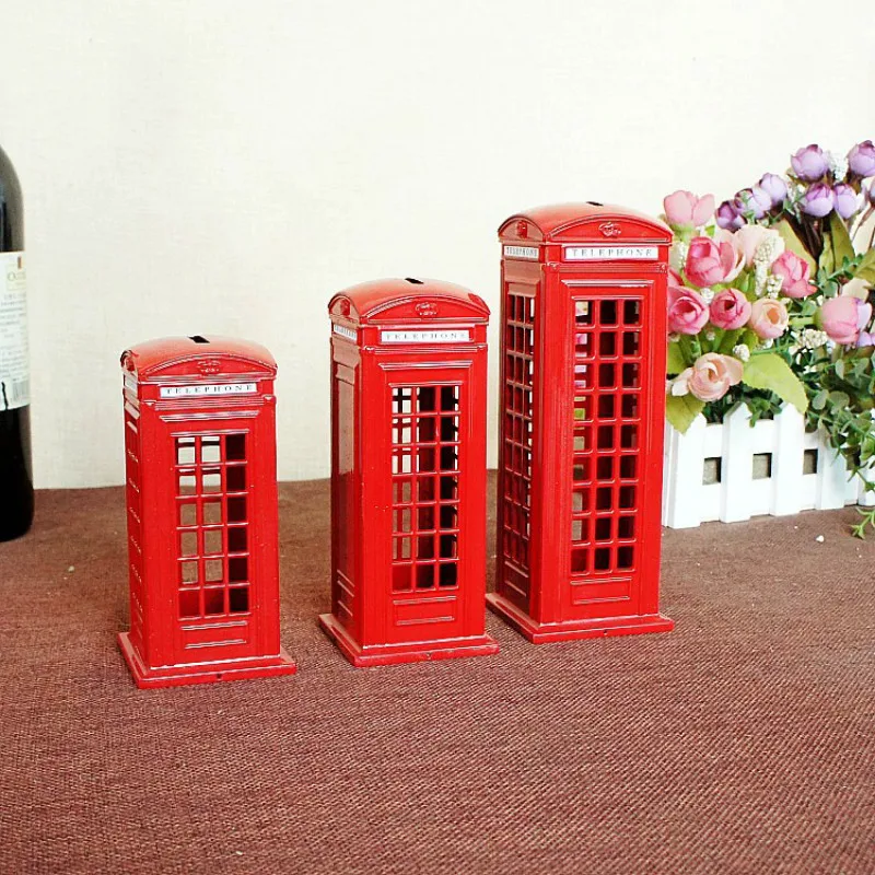 Desktop Furnishing Articles European London Iron Vintage, Spray Paint Red Telephone Booth Model Well, Children Savings Cans