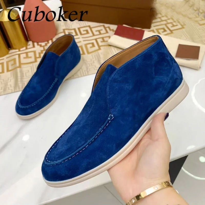 High Quality Women Flat Causal Shoes Round Toe Kid Suede High Top Blue Ladies Slip On Mules Outside Open Walking Shoes Women