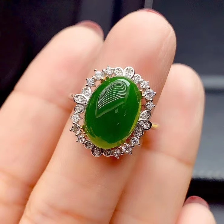 big size spinach green jade ring for women silver jewelry natural Hetian Jade real 925 silver gem good color soft character