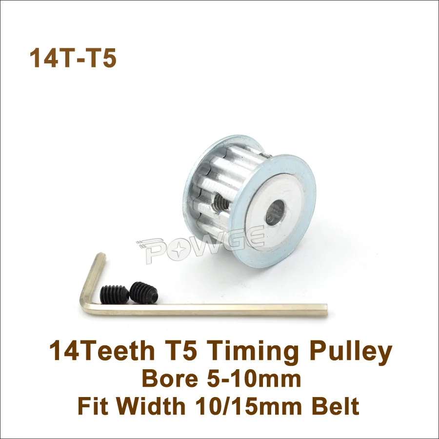 Зубчатый шкив POWGE 14 зубьев T5, отверстие 5-10 мм, подходит для 10/15 мм, синхронный ремень T5 14 T 14 зубьев, зубчатый ремень T5, шкив 14-T5