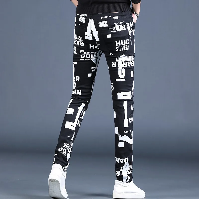 Autumn Black Jeans Men Fashion Letter Printed Pants Casual Slim Fit Jean Streetwear Mens Denim Trousers