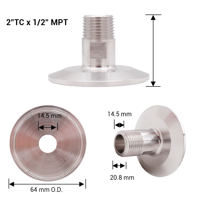 2 "ثلاثي المشبك x 1/2" MPT 64 مللي متر OD SS 304 الأجهزة الصحية البيرة ، البيرة البرسيم المناسب