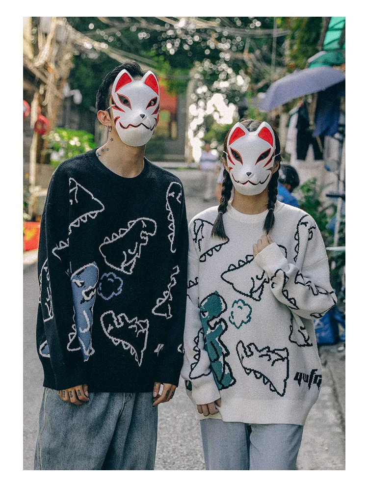 

Tide Brand Country Tide Cartoon Full Print Round Neck Sweater Male Hip Hop INS Loose Dinosaur Couple Knit Harajuku Line Clothes