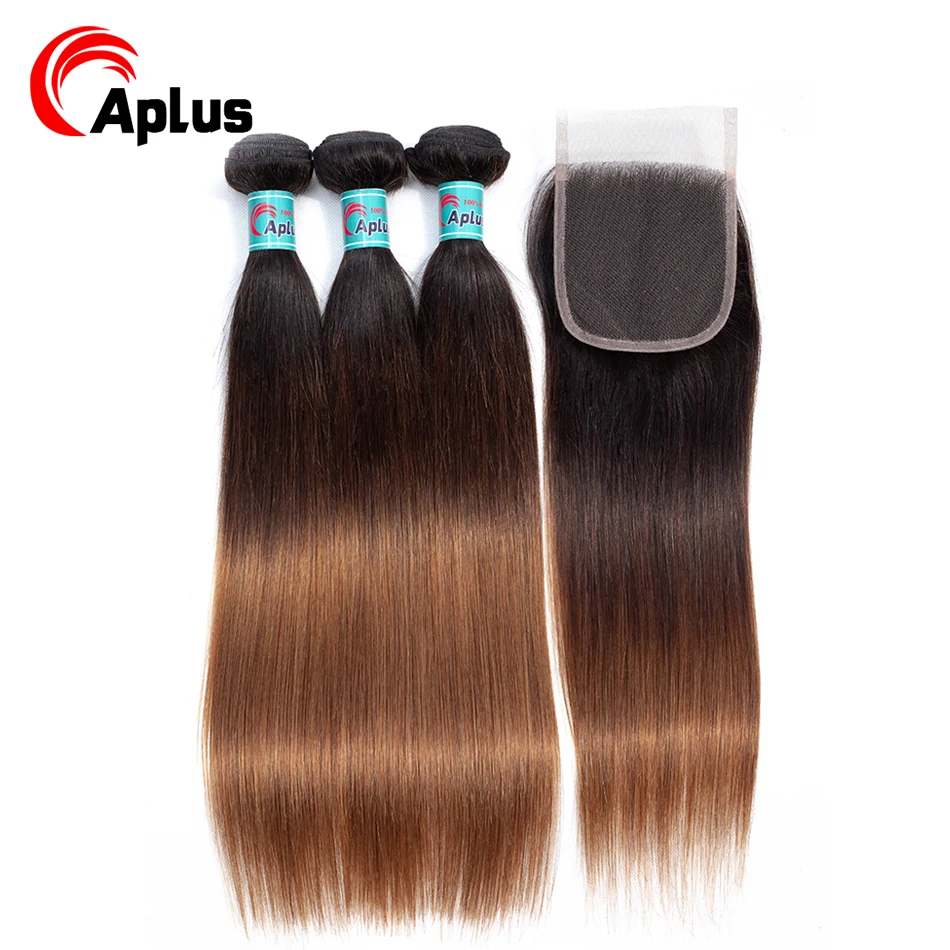 Aplus T1B/4/30 3 Tone Ombre Hair With Closure 100% Human Hair Pre-colored Straight Malaysian Hair Bundles With Closure For Women