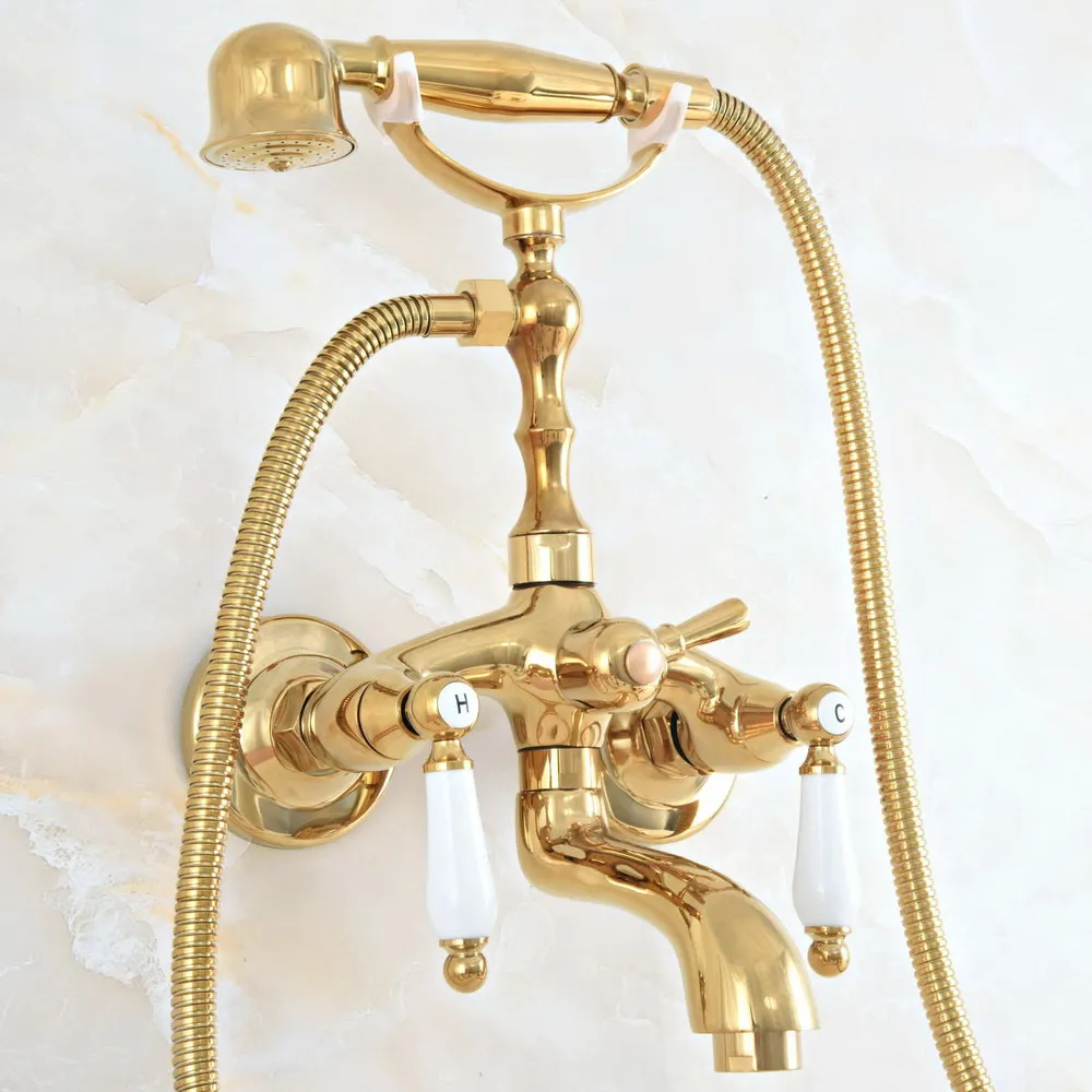 Luxury Polished Gold Color Brass Bathroom Wall Mounted Clawfoot Tub Faucet Taps Set With Hand Held Shower Head Spray mna820