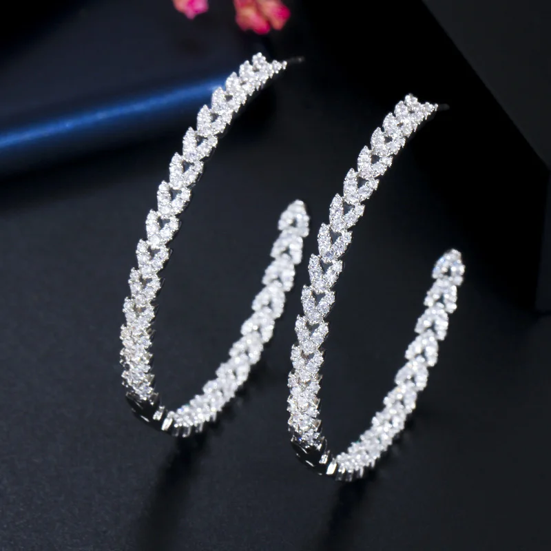 CWWZircons Half Round White Cubic Zirconia Pave Large Wedding Party Hoop Earrings for Women African Gold Plated CZ Jewelry CZ745